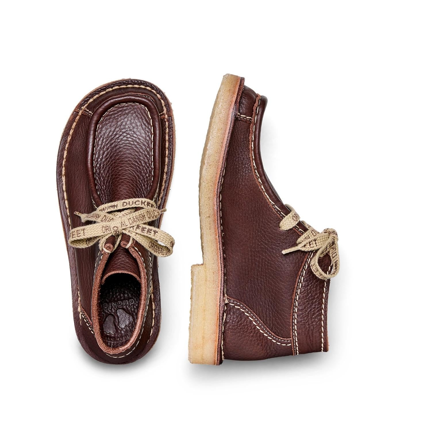 Duckfeet Ribe Choco moccasin leather ankle boot, top and inner side view on white background