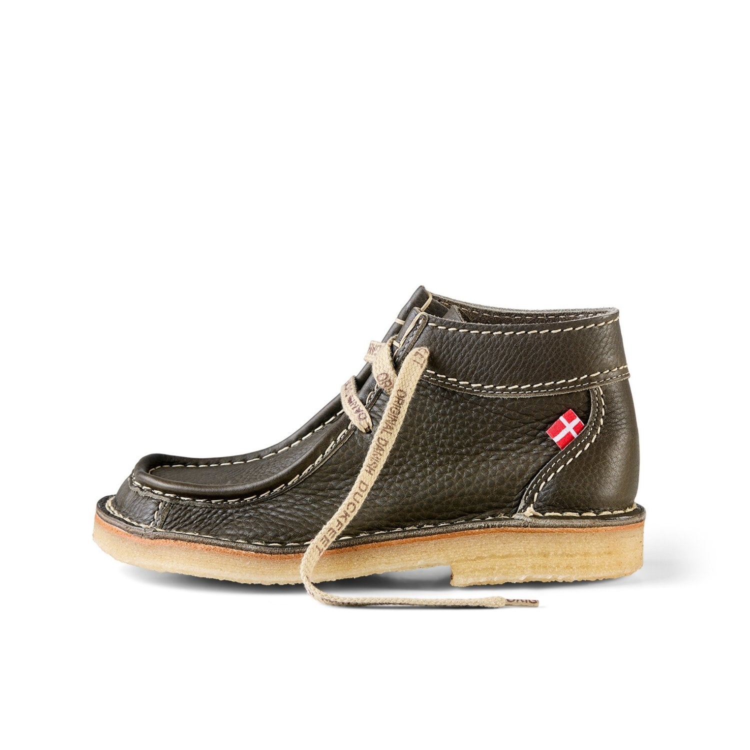 Duckfeet Ribe Olive moccasin leather ankle boot, outer side view on white background