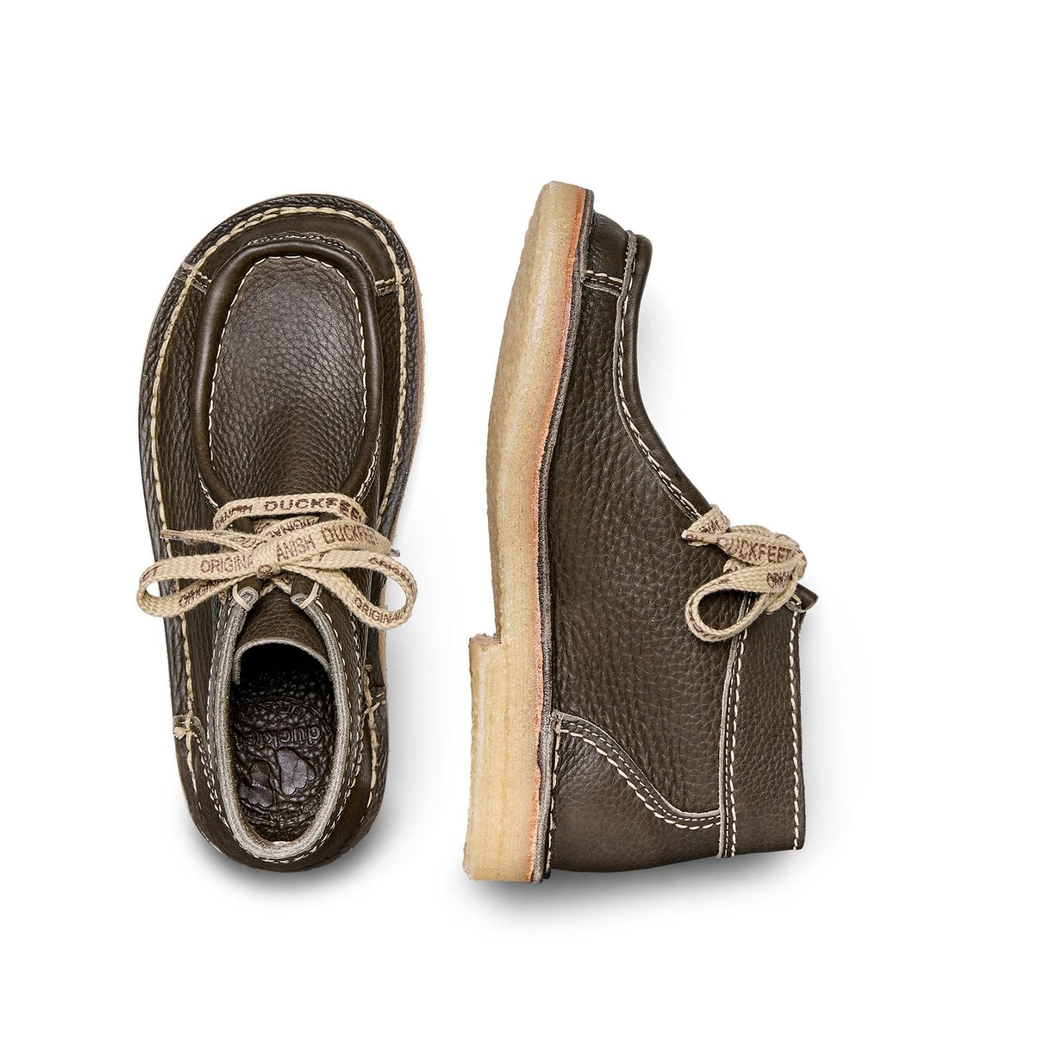 Duckfeet Ribe Olive moccasin leather ankle boot, top and inner side view on white background